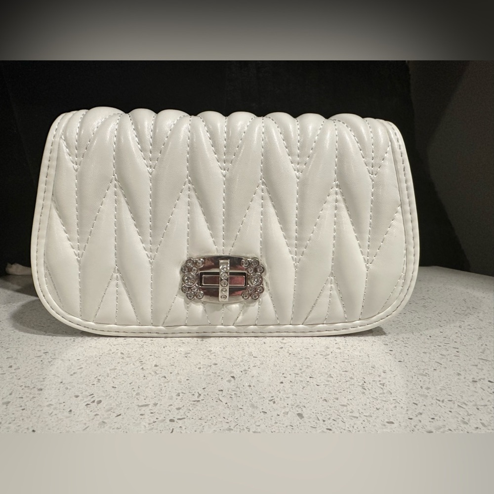 NWOT-All White Premium Faux Leather Quilted Fashion w/ Rhinestones Cross…